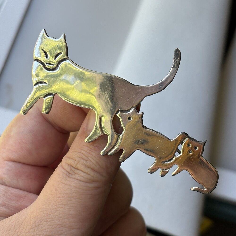 Large Taxco Sterling Silver Cat Family Brooch Minimalist Modernist Design 14.2g
